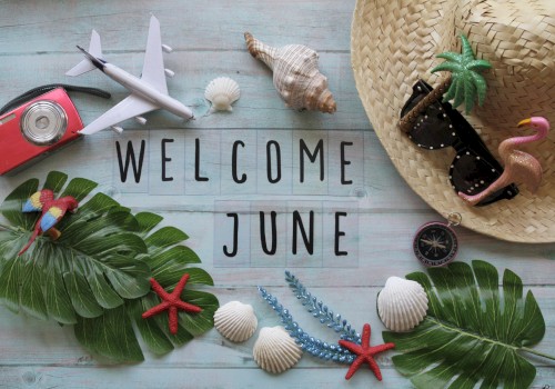 The image features travel and beach items, such as a plane, hat, sunglasses, and shells, surrounding the text 