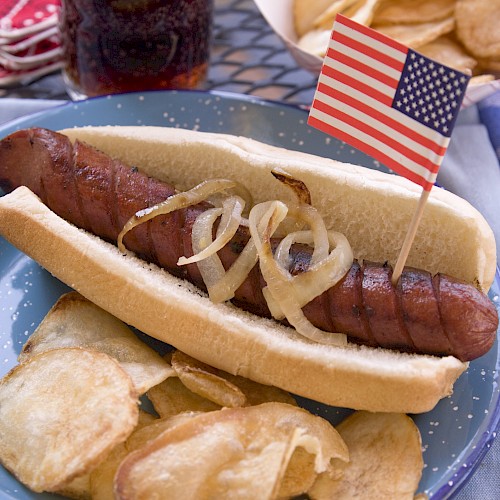 A grilled hot dog in a bun topped with onions and a small American flag, served with potato chips on a plate.