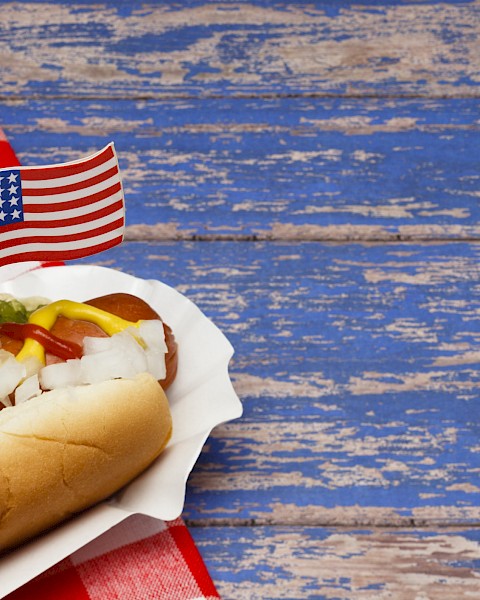 The image shows a hot dog with mustard, ketchup, onions, and relish in a paper tray, next to a small U.S. flag on a checkered tablecloth.