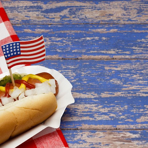 The image shows a hot dog with mustard, ketchup, onions, and relish in a paper tray, next to a small U.S. flag on a checkered tablecloth.